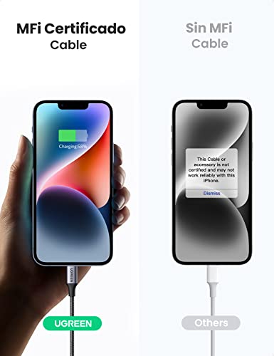 UGREEN Cable USB C a Lightning Nylon Trenzado MFi Certificado Compatible con iPhone 14/13/13 Pro/13 Pro Max/12/12 Pro/11/XS MAX/8 Plus, iPad Pro, Carga Rapida para iPhone con Cargador Tipo C (2M)