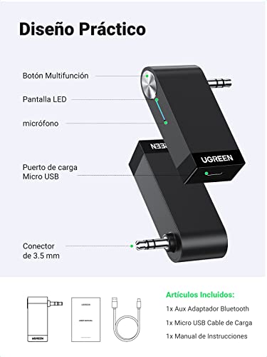 UGREEN Receptor Bluetooth 5.0 de Coche, Bluetooth Coche Aux con Micrófono para Llamadas Manos Libres, HiFi Estéreo Adaptador Bluetooth Jack 3.5 para Radio del Coche, Altavoz, Auriculares, Amplificador