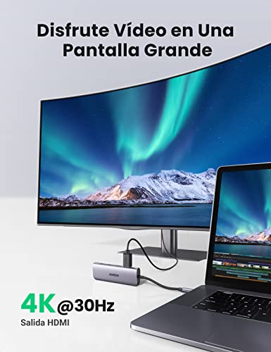 UGREEN HUB USB C, 6 en 1 Adaptador USB C Hub a HDMI 4K Lector Tarjeta SD TF, 3 USB 3.0 Compatible con iPad Pro/Macbook Pro/Air/iMac 2022 2021 2020 2019 2018/ DELL XPS 13 15/ Galaxy S23
