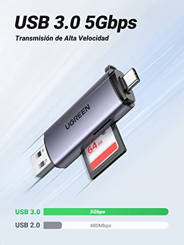 UGREEN Lector de Tarjetas USB C OTG 5Gbps para TF, SD, Micro SD, SDXC, SDHC, MMC, RS-MMC, Micro SDXC, Micro SDHC, UHS-I, PC Windows Mac OS Linux, Macbook Pro, Huawei Mate 20 Pro P20, Galaxy S21 S20