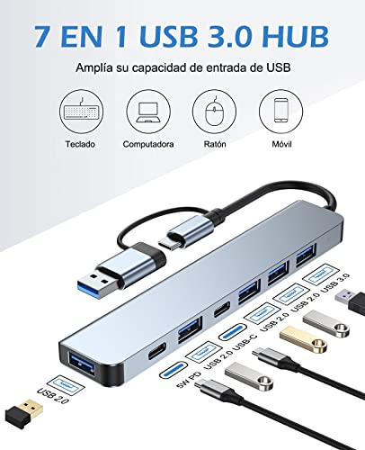 Lostrain Hub USB C 3.0, 7 en 2 Adaptador multipuerto Tipo C Hub con USB 3.0/100W PD Charging Concentrador Hub USB C para MacBook Air/Pro iPad Chromebook Lenovo Huawei Surface