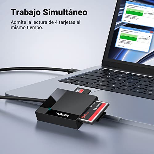 UGREEN 4 en 1 USB 3.0 Lector de Tarjeta de Memoria Múltiple 5Gbps Velocidad, Soporta Tarjetas de Memoria TF SD SDXC SDHC MMC CFI CFII Ultra II CF Extreme CF MS, Transmisión de Datos Entre Cuatro
