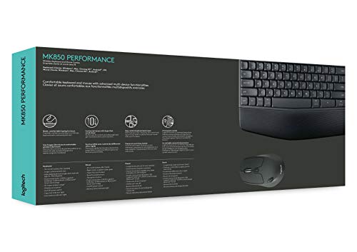 Logitech MK850 Combo Teclado y Mouse Multidispositivos, 2.4 GHz/Bluetooth, Estructura Curvada, Ratón Inalámbrico,12 Botones Programables,Batería de hasta 3 Años,PC/Mac - Negro