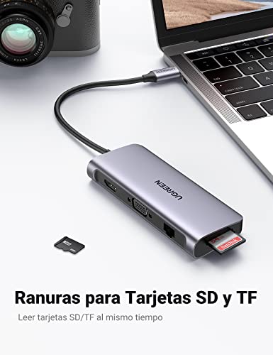UGREEN Hub USB C, 10 en 1 USB C Hub Adaptador a HDMI 4K@30Hz, 1000Mbps Gigabit Ethernet, VGA, 3* USB 3.0, Lector Tarjeta SD TF, 3.5mm Audio Jack y 100W Power Delivery para Macbook Pro/Air, iPad Pro