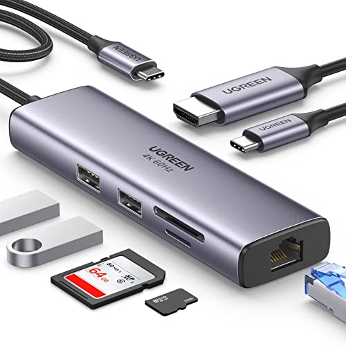 UGREEN Hub USB C, 7 en 1 Adaptador USB C con HDMI 4K 60Hz, Gigabit Ethernet, 100W PD Carga, Lector de Tarjetas SD/TF, 2 USB 3.0, Compatible con MacBook Pro Air M1 M2 iPad DELL Switch Steam Deck