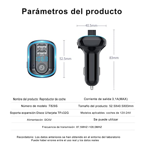 Coche Bluetooth 5.0 Inalámbrico Manos libres Coche Transmisor FM Receptor  Radio Adaptador de MP3 Rep Wmkox8yii