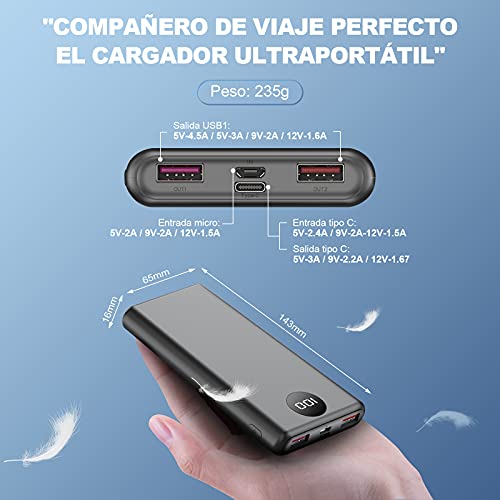 Power Bank 10000 mAh Batería Externa Carga Rápida 20 W PD Con Pantalla LED Cargador Portátil con Cable Tipo C 3 Salidads USB de Alta Velocidad Compatible para iPhone 13 Samsung Xiaomi Huawei iPad