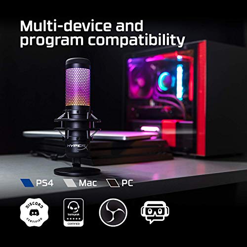 HyperX QuadCast S RGB - Micrófono Condensador USB para PC, PS4 y Mac, Montaje antivibración, Cuatro Patrones Polares, Filtro Pop, Control de Ganancia, Juegos, transmisión, podcasts (reacondicionado)