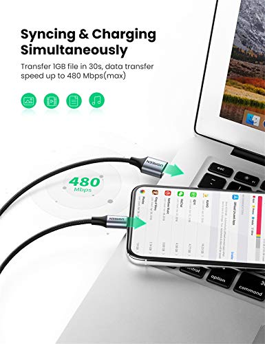 UGREEN Lightning Cable, (MFI Certificado) Cable Nylon Trenzado 8 PIN Compatible con iPhone 14/13/13 Pro/13 Pro Max/12/12 Pro/11/XS MAX/8 Plus, iPad Pro, ipad mini 4 3, Air Pro, iPod, y Más(2M, Negro)