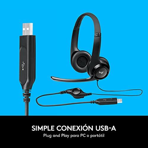 Logitech H390 Diadema con Cable, Sonido Estéreo y Micrófono USB con Supresión de Ruido, Controles Integrados en el Cable, PC/Mac/Laptop/Chromebook - Negro