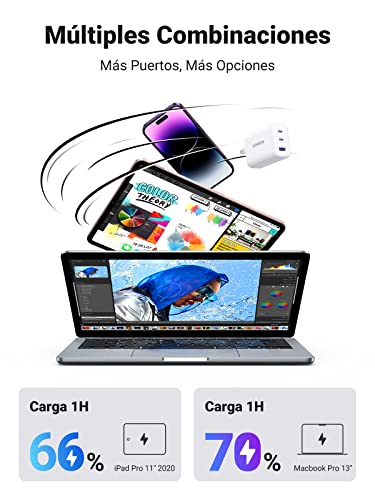 UGREEN 65W Cargador USB C con 3 Puertos, Cargador Carga Rapida Plegable Compatible with MacBook Pro/Air, iPhone 14/14 Pro MAX/iPhone 13/Pro MAX, DELL XPS 13, Steam Deck, Galaxy S22/S21, iPad Pro