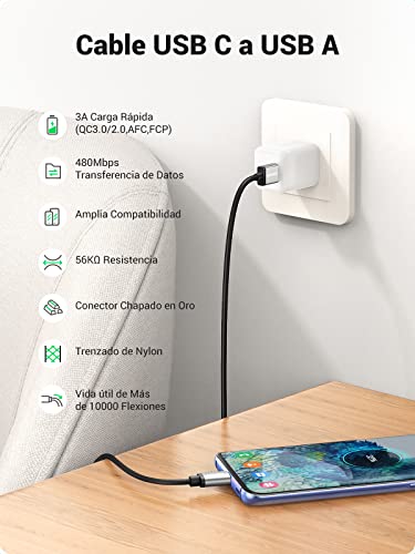 UGREEN Cable USB C 3.1, 2M Cable Tipo C a USB A 2.0 Carga Rapida, Nylon Trenzado Compatible con Dispositivos Cable C como Galaxy S22/S21/S20, MacBook, GoPro Hero, Xiaomi, Switch, One plus, Huawei, LG