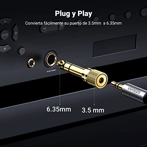 UGREEN Adaptador Jack 3.5 a 6.35, Convertidor de Audio Estéreo de Jack 3,5mm Hembra a Jack 6,35mm Macho, Compatible con Guitarra, Altavoces, Amplicador Estéreo, Mezclador de Audio, 2Pack