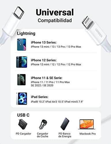 UGREEN USB C a Lightning Cable MFI Certificado, PD Carga Rapida para iPhone SE 2020/11/11 Pro/X/XS/XS MAX/XR/8 Plus/8, iPad Air 3, iPad Mini 5, iPad Pro, Dispositivo iOS con Puerto Tipo C (Blanco, 1M)