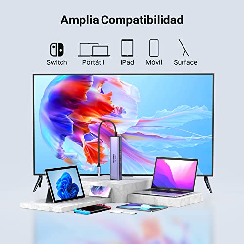UGREEN Hub USB C, 7 en 1 Adaptador USB C con HDMI 4K 60Hz, Gigabit Ethernet, 100W PD Carga, Lector de Tarjetas SD/TF, 2 USB 3.0, Compatible con MacBook Pro Air M1 M2 iPad DELL Switch Steam Deck