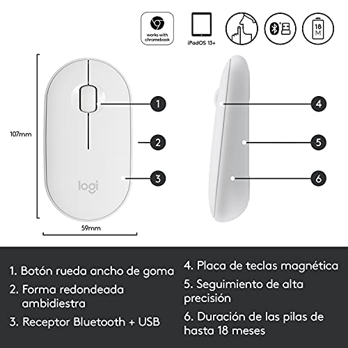 Logitech M350 Pebble, Mouse inalámbrico con Bluetooth o receptor USB de 2,4 GHz, Silencioso y Minimalista, con clic silencioso para Laptop, iPad, PC y Mac - Blanco
