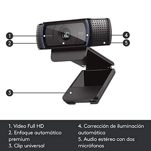 Logitech C920 HD Pro Webcam, Videoconferencias 1080P FULL HD 1080p/30 fps, Sonido Estéreo, Corrección de Iluminación HD, Skype/Google Hangouts/FaceTime, Para Gaming, PC/Mac/Android/Chromebook - Negra
