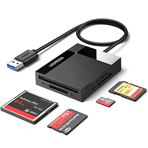 UGREEN 4 en 1 USB 3.0 Lector de Tarjeta de Memoria Múltiple 5Gbps Velocidad, Soporta Tarjetas de Memoria TF SD SDXC SDHC MMC CFI CFII Ultra II CF Extreme CF MS, Transmisión de Datos Entre Cuatro