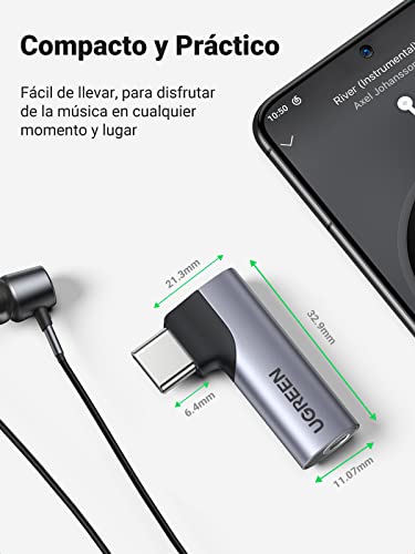 UGREEN Adaptador USB C a Jack 3.5mm DAC Chip, Adaptador Auriculares Tipo C 90 Grados Compatible con Galaxy S23/S22/S21/S20/S10/Note 20/Note 10, iPad Pro 2021, Oneplus 8, Xiaomi(Gris)