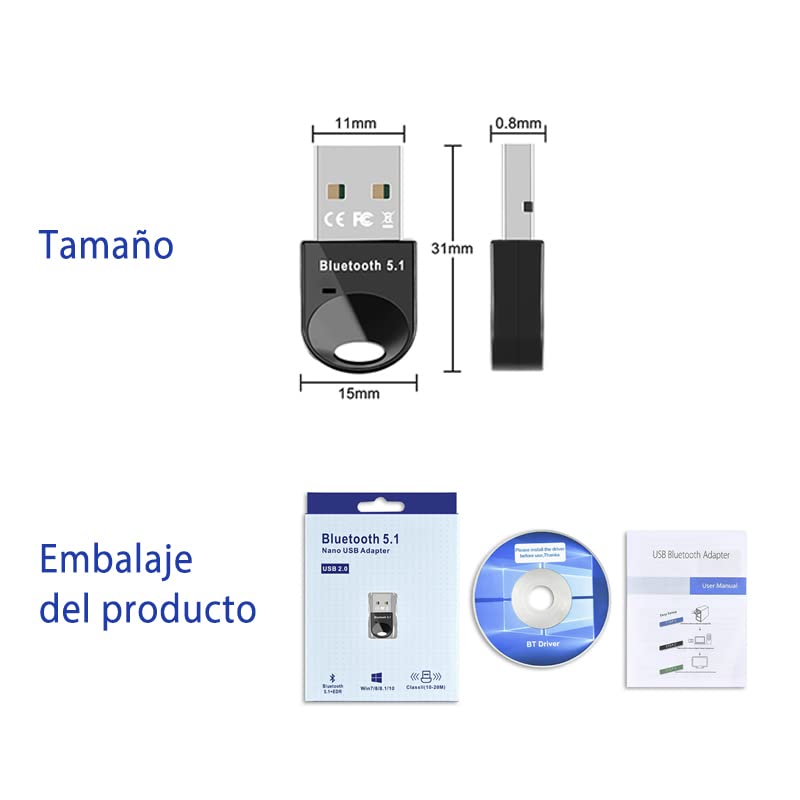 atolla Bluetooth USB Adaptador, Dongle Mini Inalámbrico Receptor Bluetooth 5.1, Adaptador Bluetooth para PC, Mouse, Teclado, Bocina, Impresora, Audífonos, Compatible con Windows 11/10/8.1/8/7
