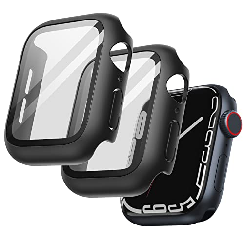JETech Funda con Protector de Pantalla Compatible con Apple Watch Series 8 7 45 mm, Cover Protectora Completo, Película Cristal Vidrio Templado, 2 Unidades (Negro)