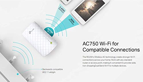 TP-Link RE200 Extensor de Rango de Repetidor WiFi de Banda Dual Universal, 3 Antenas, Puerto Fast Ethernet, AC750, Modo AP Compatible