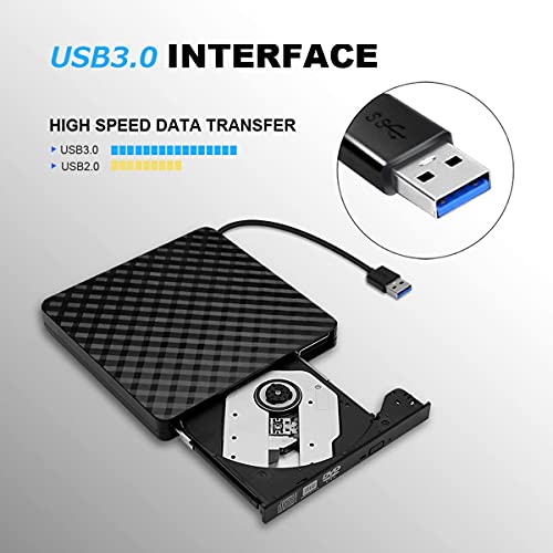 Grabadora CD/DVD Lector Portátil, Grabadora CD/DVD Externa USB 3.0, Unidad Óptica Externa de CD/DVD-RW CD Player Grabadora Ultra Slim Portátil Compatible con Windows 98/7/8/10/XP/Vista Linux Mac OS
