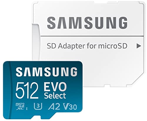 SAMSUNG EVO Select Micro SD Tarjeta de memoria + adaptador, 512 GB microSDXC 130 MB/s Full HD y 4K UHD, UHS-I, U3, A2, V30, almacenamiento ampliado para teléfonos inteligentes Android, tabletas, Nintendo-Switch (MB-ME512KA/AM)