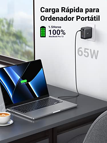 UGREEN 65W GAN Tech Cargador USB C PD y USB A de 4 Puertos, Carga Rápida Multicontacto Compatible con MacBook Pro/Air DELL XPS 13, iPad, iPhone 14 Pro Max/13 Pro Max/12, Galaxy S23/S22/S21, Pixel