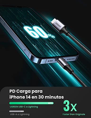 UGREEN Cable USB C a Lightning Nylon Trenzado MFi Certificado Compatible con iPhone 14/13/13 Pro/13 Pro Max/12/12 Pro/11/XS MAX/8 Plus, iPad Pro, Carga Rapida para iPhone con Cargador Tipo C (2M)