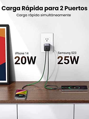 UGREEN 45W GaN Cargador Tipo C con Cable USB C 100W 1M, Gargador USB C 2 Puertos, Carga Rápida Cargador Portátil Compatible con Galaxy S23 S22 Ultra, iPhone 14 13 Pro Max, MacBook Air, iPad Pro(Negro)