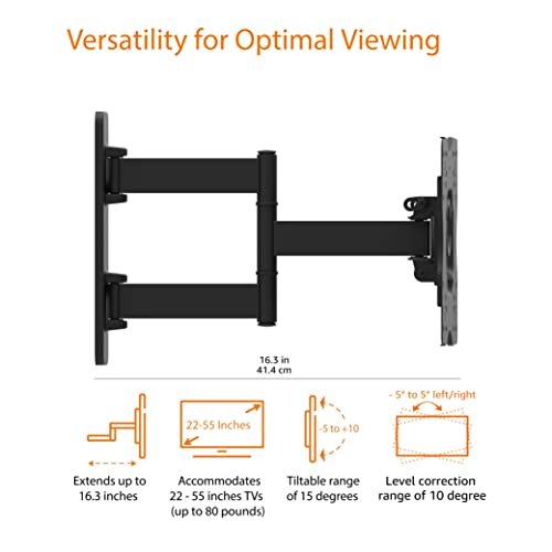 Amazon Basics - Soporte de pared para monitor de TV articulado de movimiento completo para televisores de 26 a 55 pulgadas y paneles planos de hasta 80 libras, color negro
