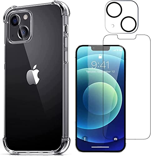 NDOOL Funda para iPhone 14 Case, 3 en 1 Cristal Templado Protector de Pantalla, Ultra Fina Silicona Transparente TPU Carcasa con Protector del Camara, Anti-Choque y Anti-arañazos
