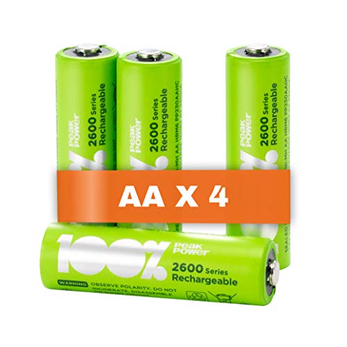 100%PeakPower Pilas AA Recargables 2600 mAh NiMH | Lote de 4 | Alto Rendimiento, Precargadas, Larga duración