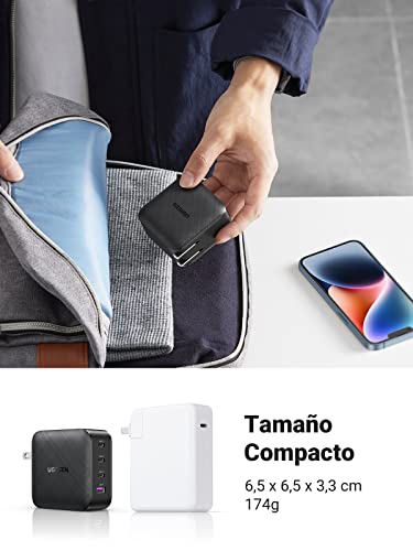 UGREEN 65W GAN Tech Cargador USB C PD y USB A de 4 Puertos, Carga Rápida Multicontacto Compatible con MacBook Pro/Air DELL XPS 13, iPad, iPhone 14 Pro Max/13 Pro Max/12, Galaxy S23/S22/S21, Pixel