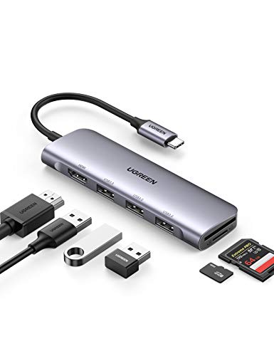 UGREEN HUB USB C, 6 en 1 Adaptador USB C Hub a HDMI 4K Lector Tarjeta SD TF, 3 USB 3.0 Compatible con iPad Pro/Macbook Pro/Air/iMac 2022 2021 2020 2019 2018/ DELL XPS 13 15/ Galaxy S23