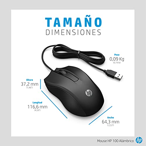 HP Mouse Alámbrico 100, Cable de Conexión USB, Windows/MAC OS, Negro