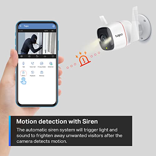 TP-LINK Tapo C310, cámara de seguridad Wi-Fi para exteriores, definición de 3MP, alarma de luz y sonido, visión nocturna, funciona con Alexa