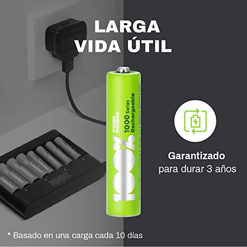 100%PeakPower 4 x Pilas Recargables AAA 1000 Series | Capacidad mínima Garantizada 800 mAh NiMH | Pilas AAA Recargables Que Vienen precargadas Listas para Usar | Bajo Nivel de autodescarga