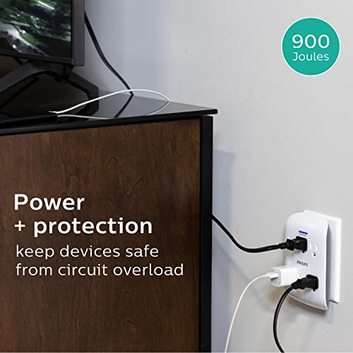 PHILIPS, Multicontacto de Pared de 6 Salidas con Supresor de Picos, 900 Julios, Protectores contra Sobretensiones, Certificacion ETL, Blanco, Paquete de 2, SPP3466WA/37