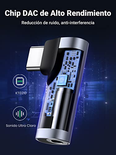 UGREEN Adaptador USB C a Jack 3.5mm DAC Chip, Adaptador Auriculares Tipo C 90 Grados Compatible con Galaxy S23/S22/S21/S20/S10/Note 20/Note 10, iPad Pro 2021, Oneplus 8, Xiaomi(Gris)