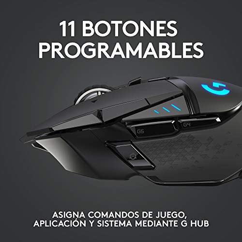 Logitech G502 LIGHTSPEED Mouse Gaming Inalámbrico, HERO 25K, 25,600 DPI, RGB, Peso Reducido, 11 Botones Programables, Batería Larga Duración, POWERPLAY-compatibile, PC, Negro