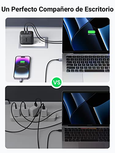 UGREEN 65W GAN Tech Cargador USB C PD y USB A de 4 Puertos, Carga Rápida Multicontacto Compatible con MacBook Pro/Air DELL XPS 13, iPad, iPhone 14 Pro Max/13 Pro Max/12, Galaxy S23/S22/S21, Pixel