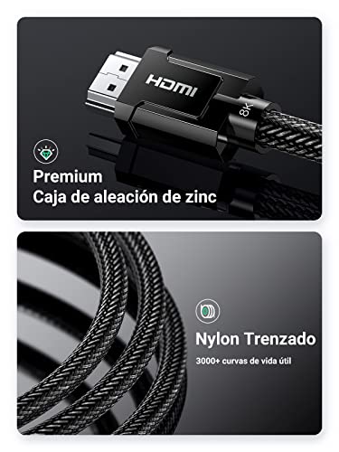 UGREEN 8K Cable HDMI 2.1 Certificado Trenzado de Nylon, Soporte 8K 60Hz Ultra HD, HDR dinámico, Alta Velocidad 48Gbps, Dolby Vision, eARC, Compatible para PS5, Xbox One, Switch, Roku, PS4(2M)