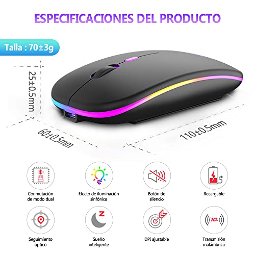 EASYTAO Mouse Inalámbrico, Mouse Bluetooth/Wireless2.4GHz Modos Dual Recargable con Iluminación RGB, Click Silencioso con Receptor USB 3 Ajustable DPI Ratón Para Computadora, Portátil, PC, Mac (Negro)
