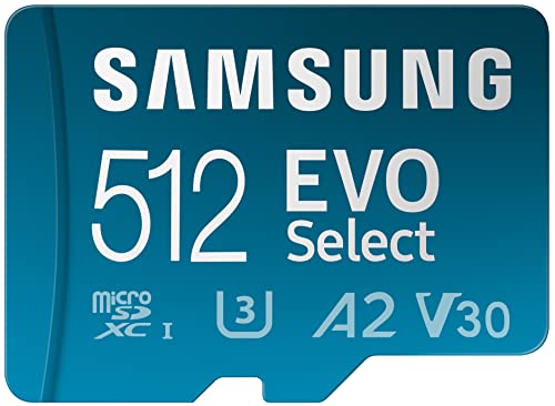 SAMSUNG EVO Select Micro SD Tarjeta de memoria + adaptador, 512 GB microSDXC 130 MB/s Full HD y 4K UHD, UHS-I, U3, A2, V30, almacenamiento ampliado para teléfonos inteligentes Android, tabletas, Nintendo-Switch (MB-ME512KA/AM)