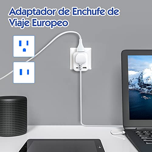 HEEDU Adaptador de Enchufe Europeo, Cargador de Viaje con Puerto Tipo C y USB, Adaptador Americano a Europeo de 2 Salidas CA por UE, España, Alemania, Francia (Tipo C + USB - Europa)