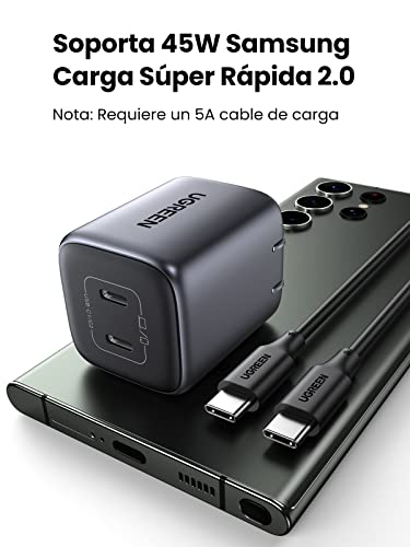 UGREEN 45W GaN Cargador Tipo C con Cable USB C 100W 1M, Gargador USB C 2 Puertos, Carga Rápida Cargador Portátil Compatible con Galaxy S23 S22 Ultra, iPhone 14 13 Pro Max, MacBook Air, iPad Pro(Negro)
