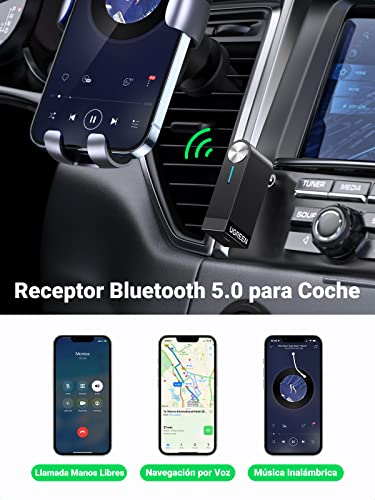 UGREEN Receptor Bluetooth 5.0 de Coche, Bluetooth Coche Aux con Micrófono para Llamadas Manos Libres, HiFi Estéreo Adaptador Bluetooth Jack 3.5 para Radio del Coche, Altavoz, Auriculares, Amplificador