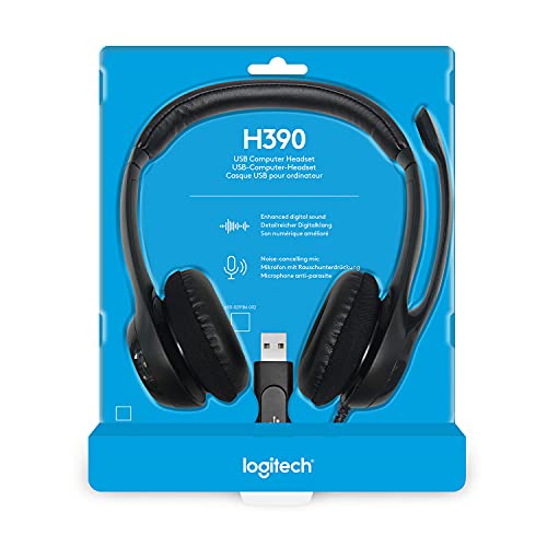 Logitech H390 Diadema con Cable, Sonido Estéreo y Micrófono USB con Supresión de Ruido, Controles Integrados en el Cable, PC/Mac/Laptop/Chromebook - Negro